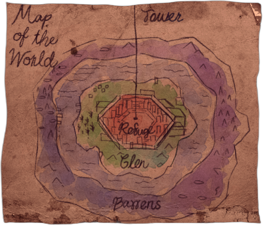 a watercolor map titled Map of the World. the blue Barrens make up the outermost ring, the green Glen makes up the inner ring, and the red Refuge makes up the center. a black line coming from the refuge and up to the top of the paper is labeled Tower.